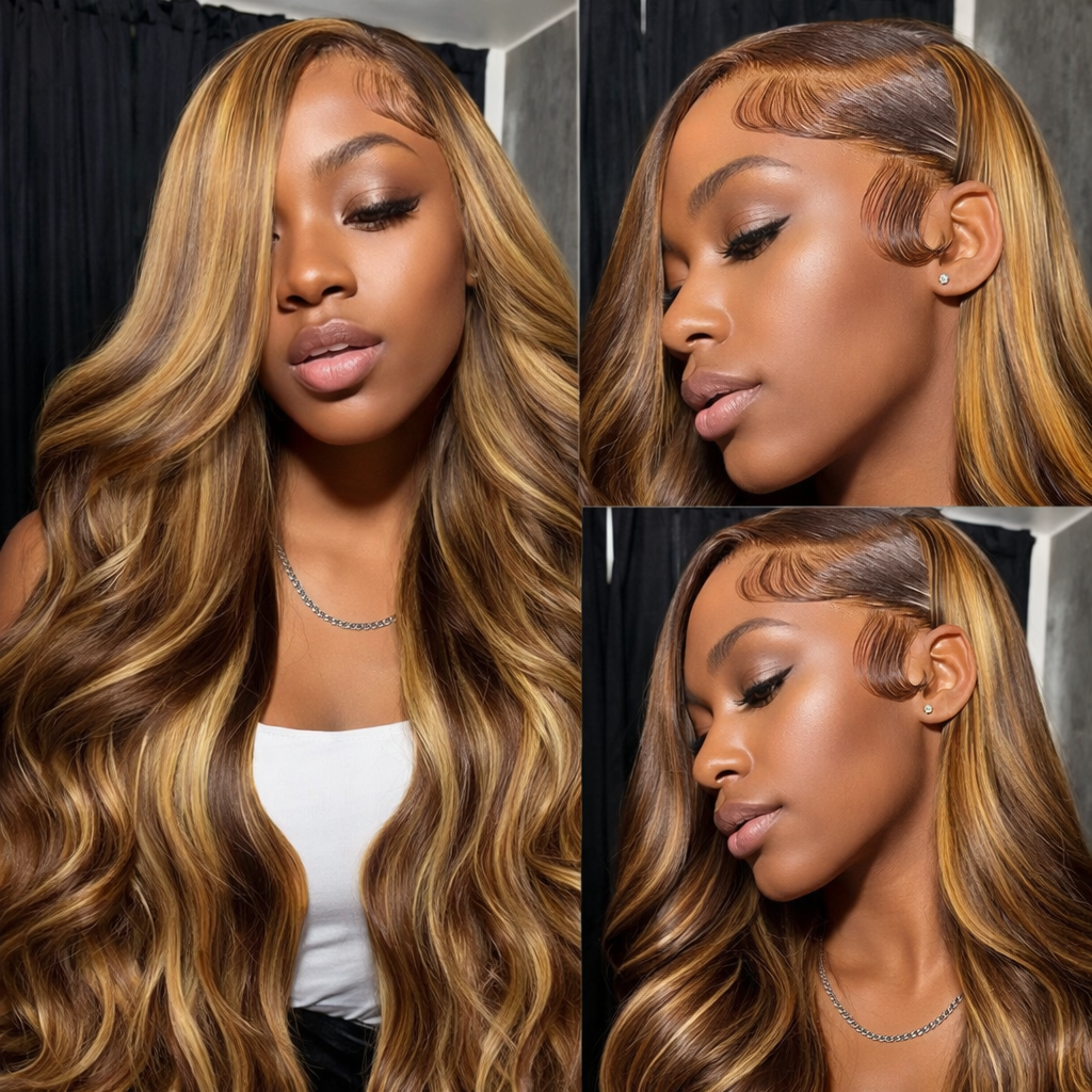 Honey Blonde Highlight Body Wave HD Lace Frontal Human Hair Wig | BeautyBuyGen