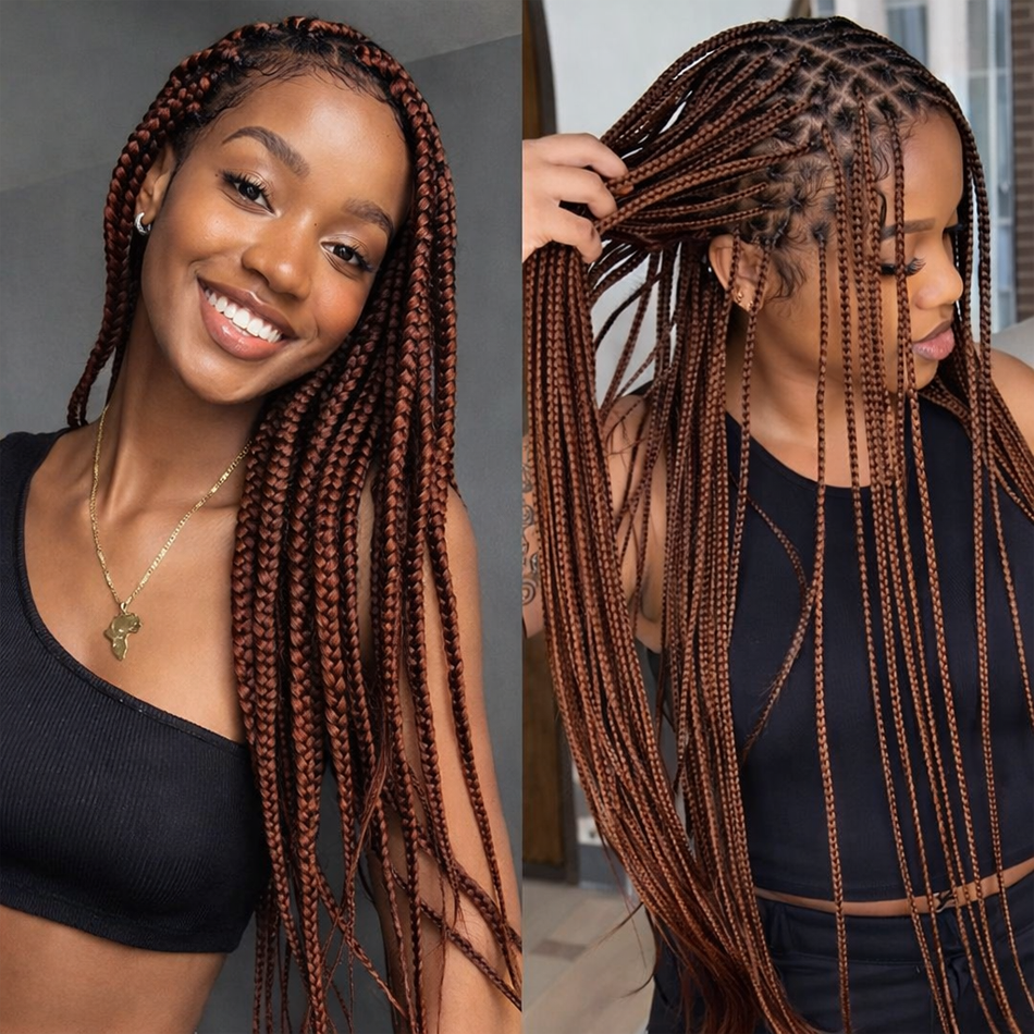 BeautyBuyGen × Queendom | Long Knotless Box Braid Full Lace Wig (Burgundy/Blonde)
