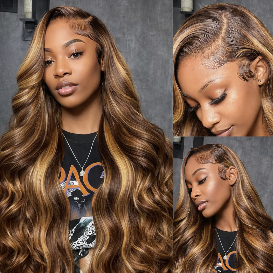 Honey Blonde Highlight Body Wave HD Lace Frontal Human Hair Wig | BeautyBuyGen
