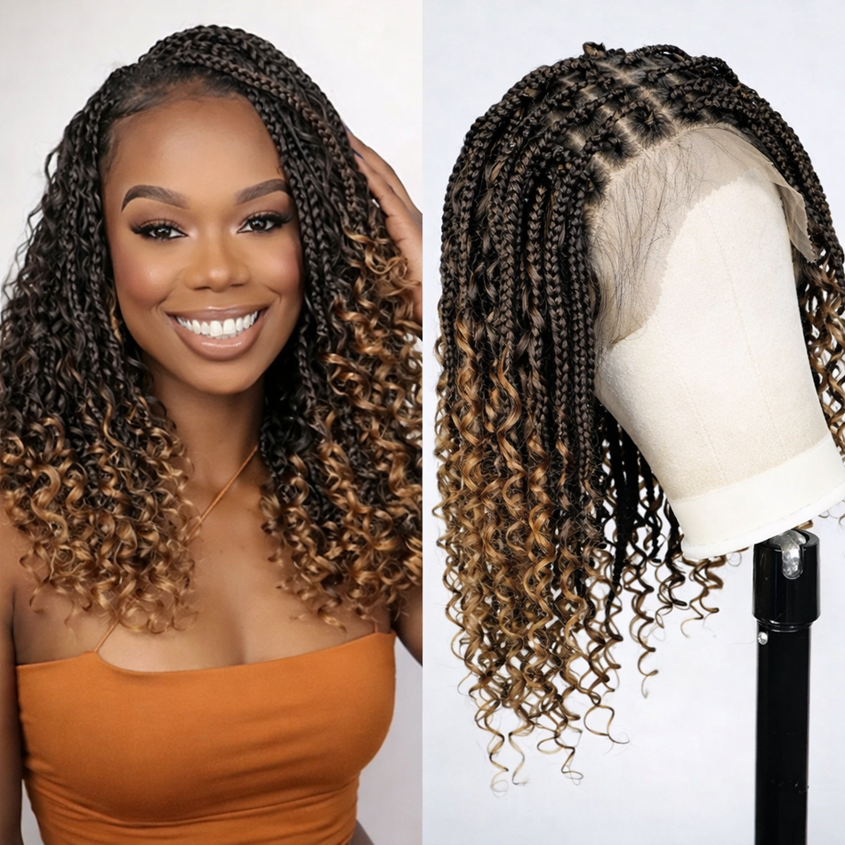 BeautyBuyGen × Alice Spring | Knotless Boho Box Braid Bob Full Lace Wig (Curly Ends)