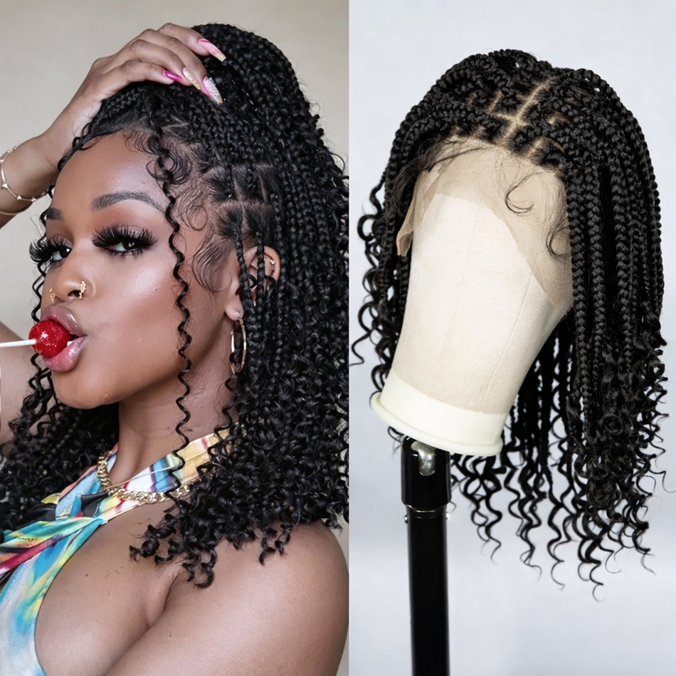 BeautyBuyGen × Alice Spring | Knotless Boho Box Braid Bob Full Lace Wig (Curly Ends)