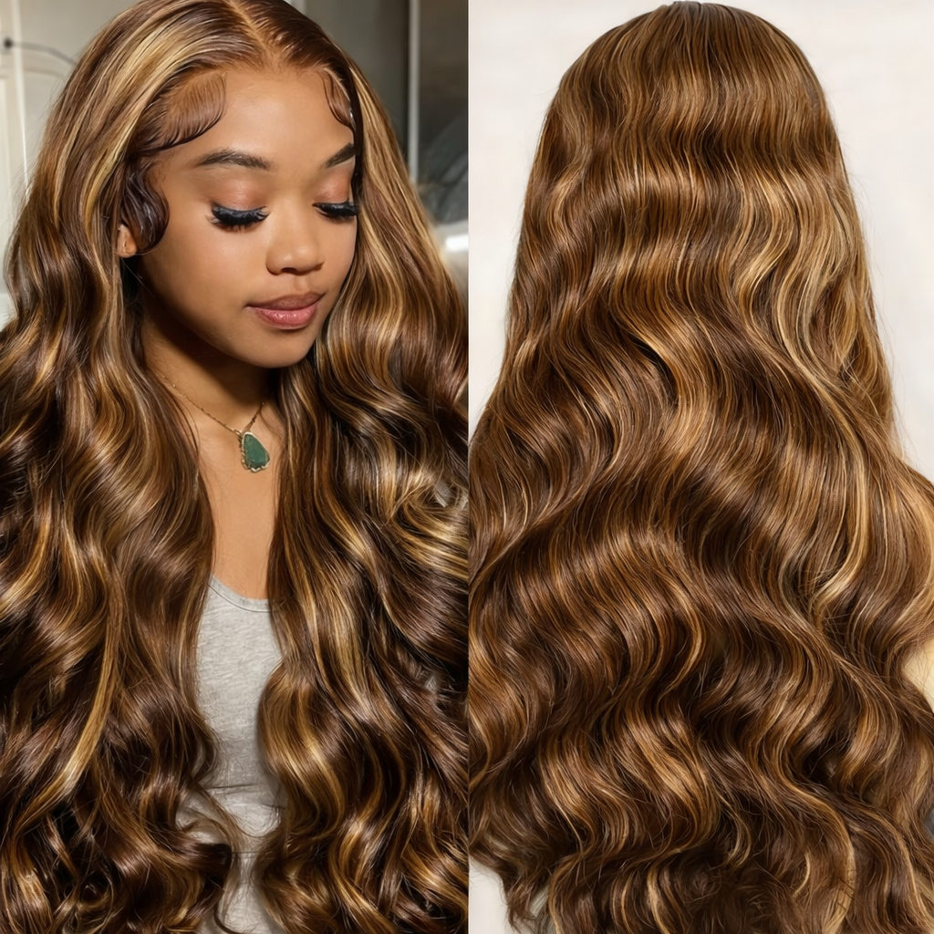 Honey Blonde Highlight Body Wave HD Lace Frontal Human Hair Wig | BeautyBuyGen