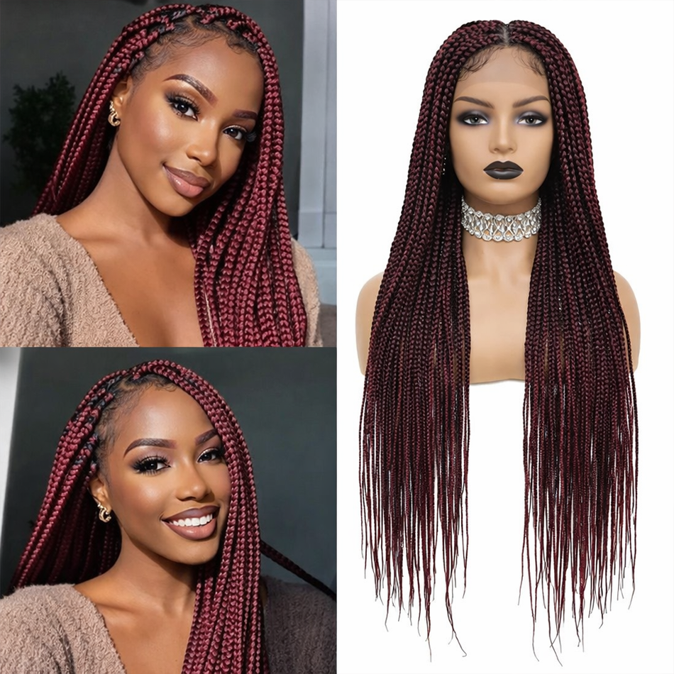 BeautyBuyGen × Queendom | Long Knotless Box Braid Full Lace Wig (Burgundy/Blonde)