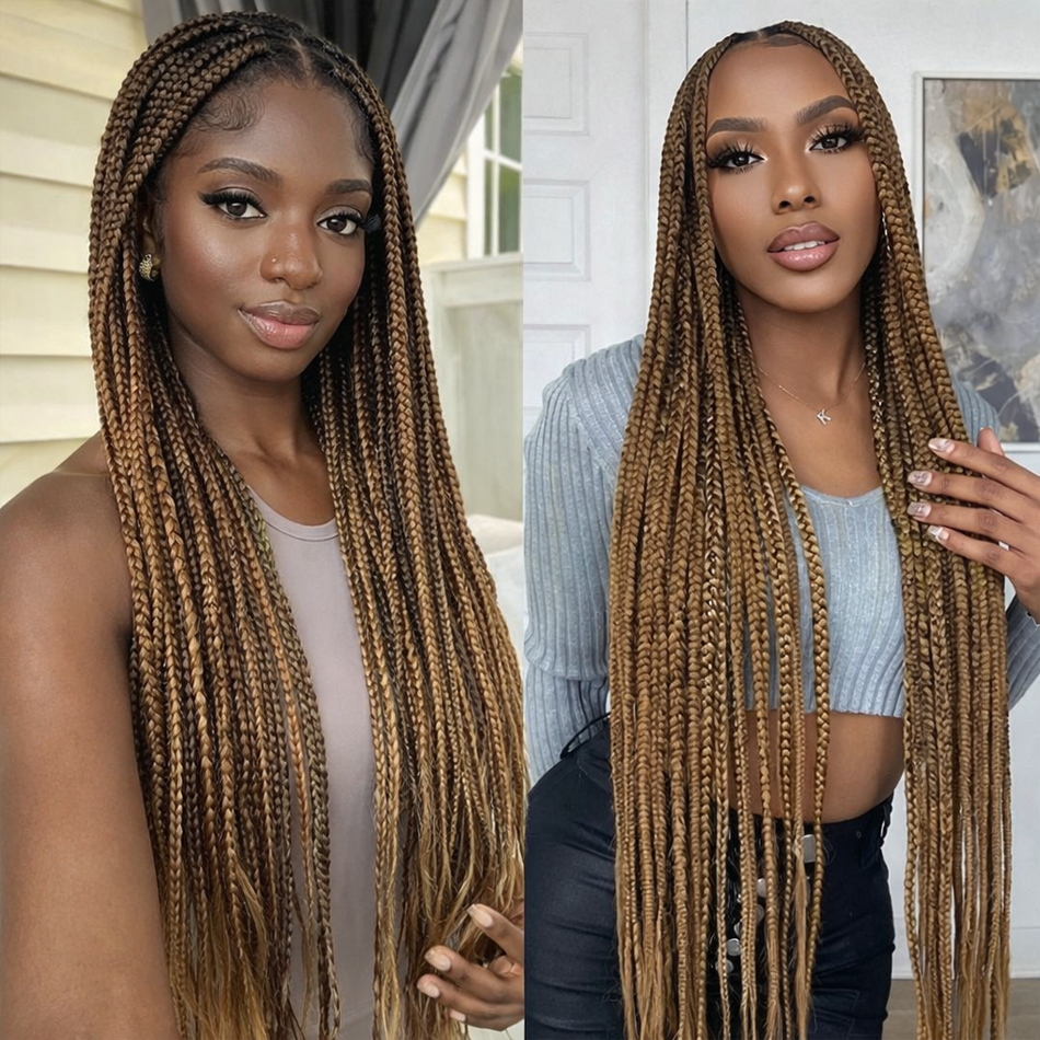BeautyBuyGen × Queendom | Long Knotless Box Braid Full Lace Wig (Burgundy/Blonde)